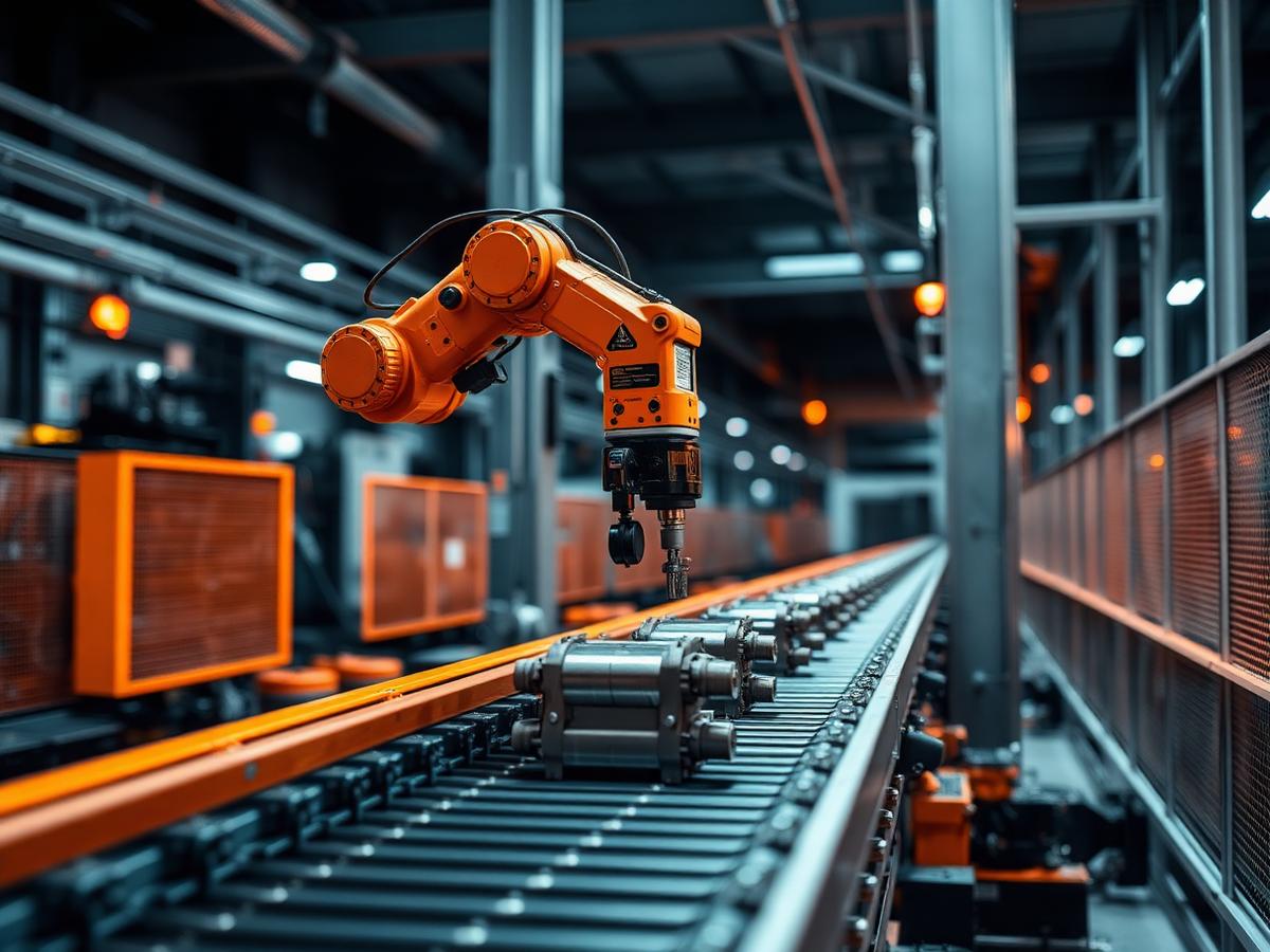 Lengan robot pada lini conveyor otomatis